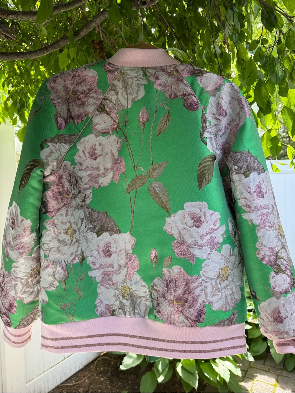 Ted Baker Green Floral Bomber Jacket with Pink Trim Accents size Medium - Picture 2 of 7